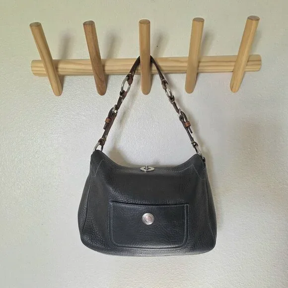 Coach Chelsea Turnlock Hobo Black Pebbled Leather Shoulder Bag Brown Strap Small - Picture 11 of 16